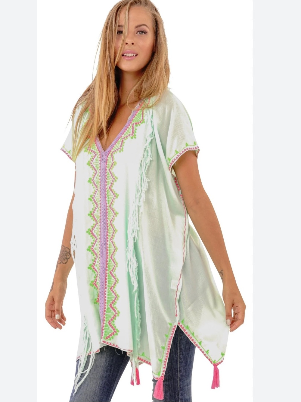 Z&L Europe Light Blue V-Neck Embroidered Tassel Viscose Kaftan Top S
